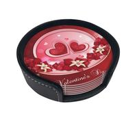 Happy Valentine's Day,Set of 6 Round Coasters, Pu Leather Drinks Coasters with Holder for Home Office Kitchen