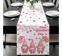Happy Valentine's Day Table Runner 13x48 Inches Long Cartoon Gnomes Romantic Love Heart Pink Balloon Cotton Linen Table Runner Burlap Style for Dinner Table Party Decor Tabletop Decorations