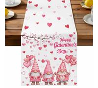 Happy Valentine's Day Table Runner, Cartoon Gnomes Romantic Love Heart Pink Balloon Cotton and Table Linen Runner for Kitchen Dining Home Decor for Party Festival Holiday Decoration Gift 13x48in