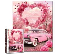 Happy Valentine's Day Vintage Pink Car 1000 Piece Jigsaw Puzzles for Adults Romantic Heart-Shaped Roses Floral Scene Puzzle Festive Home Decor 20×27 Inches Fun Educational Activity