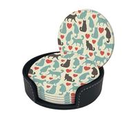 Happy Walking Kitty Coasters Set Of 6 For Drinks With Holder, Classy And Simple Coasters For Coffee Table, Great Housewarming Gifts