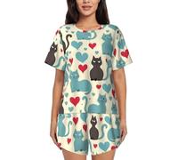 Happy Walking Kitty Pajamas Set Women'S Short Sleeve Loungewear 2 Piece For Relaxed Home Office, Black, XXL