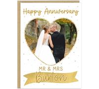 Happy Wedding Anniversary Personalised Cards Custom Mr & Mrs Surname Upload Own Photo Heart Frame Happy Anniversary Keepsake for Couples Husband Wife A5 (Gold)