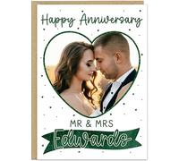 Happy Wedding Anniversary Personalised Cards Custom Mr & Mrs Surname Upload Own Photo Heart Frame Happy Anniversary Keepsake for Couples Husband Wife A5 (Green)