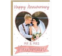 Happy Wedding Anniversary Personalised Cards Custom Mr & Mrs Surname Upload Own Photo Heart Frame Happy Anniversary Keepsake for Couples Husband Wife A5 (Rose Gold)