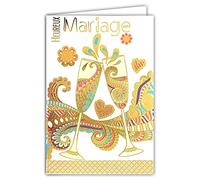 Happy Wedding Card Congratulations with Gold Gilding 2 Flutes Champagne White Wine Sparkling Bubbles Scrolls Hearts Flowers Made in France