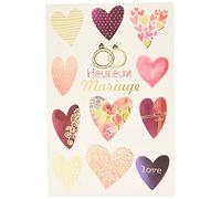 Happy Wedding Card Congratulations with Gold Gold Love Hearts Pink Rings Couple Engagement Ring Made in France