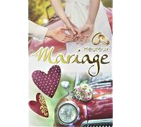 Happy Wedding Card with Gold Gold Plated Wedding Rings Hand-Wearing Car Red Burgundy Hearts Bouquet Flowers Made in France