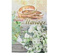Happy Wedding Card with Gold Plated Wedding Rings Bride Bouquet White Flowers Made in France