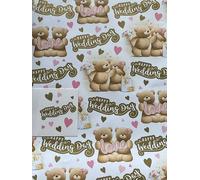Happy Wedding Day Cute Teddies/Pink+Gold Hearts Wedding Day Wrapping Paper +Gift Tag 2X Sheets Wrapping Paper+1 Tag (BGC36478-4)