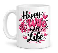 Happy Wife Happy Life Cute Quote Coffee Mug - 11oz Ceramic White Black Magic Variations - Pink Heart Typography Graphic - Novelty Daily Office Desk Drinkware