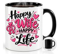Happy Wife Happy Life Cute Quote Coffee Mug - 11oz Ceramic White Black Magic Variations - Pink Heart Typography Graphic - Novelty Daily Office Desk Drinkware