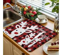 Happy Winter Kitchen Drying Mat 1 Pack, Christmas Pair Snowflake Peeking Red Gingham Absorbent Dish Drying Mat Drying Pad Drainer for Kitchen Counter Sink 16 X 18 Inch, Machine Washable
