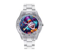 Happy Working Clown Quartz Wrist Watch Stainless Steel Watches for Men Women Easy to Read