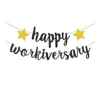 Happy Workiversary Banner,Black Glitter Happy Work Anniversary Decorations Congrats Work Office Party Decor Happy Anniversary Decorations Supplies