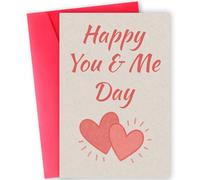 Happy You & Me Day Greeting Card for Couples - Romantic Anniversary Card with Simple Heart Design on Textured Beige Paper, Matching Pink Envelope, Blank Inside, 18x12cm Size for Husband, Wife,