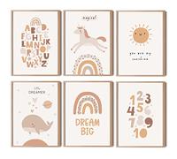 HappyArts® Nursery Pictures A4 Poster Set of 6 Decorative Girls Boys Baby Room Rainbow Alphabet Numbers ABC Learning Poster Animals Unicorn Whale Without Frame