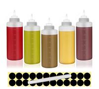 Happybase 12oz Squeeze Bottles with Caps, 5 Pack 360ml Squeezy Sauce Bottles, Plastic Squeeze Dispensers with Measurements for Ketchup, BBQ, Sauces, Syrup, Dressings