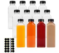 Happybase 16oz Plastic Juice Bottles, 12pcs 500ml Juice Bottles with Caps, Reusable Drink Containers with Black Lid, Clear Smoothie Bottles for Juice Milk Homemade Beverages (1 Pen, 24 Labels)