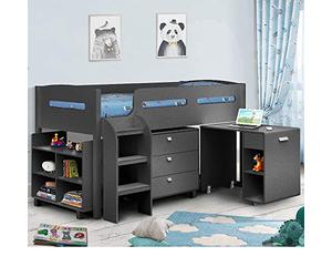 happybeds Kids Mid Sleeper Bed, Kimbo Sleep Station Contemporary Desk Drawers Shelf Storage Childrens Cabin Bed Frame (Anthracite, 3FT - Orthopaedic Mattress)