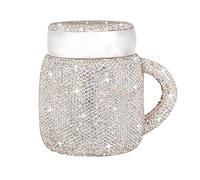 HappyERA- Bling Rhinestone Ceramic Mug with Lid and Handle, Ceramic Water Cup for Office and Home, Crystal Cup with Cover for Women - White