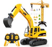 HappyGoLucky Remote Control Digger Toys for 3-12 Year Old Boys Gifts, Kids Boys Toys age 3-8, 2.4Ghz RC Excavator Construction Toy Car with Road Barrier Accessory Lights Truck
