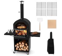HAPPYGRILL Outdoor Wood Fired Pizza Oven with Firewood Storage, Side Shelves, Patio Pizza Maker with Pizza Stone, Pizza Peel, 2 Cooking Grills & Thermometer, Portable Pizza Stove with Wheels