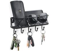 HappyHapi Key Holder for Wall Decorative, Entryway Key Hooks, Wall Mounted Key Rack with 5 Hooks, Metal Wire Mesh Basket Mail Holder, 9.8”Lx2.1”Wx4.1”H