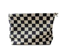 HAPPYHEIDI Aesthetic Makeup Bag Cosmetic Toiletry Travel Zipper Pouch, Canvas Lined, Purse Organizer, GZTH Black White Checkered 1 Bag, Large