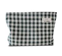 HAPPYHEIDI Aesthetic Makeup Bag Cosmetic Toiletry Travel Zipper Pouch, Canvas Lined, Purse Organizer, sx427-Gingham Navy Green, L, Cotton Gingham Makeup Bag Purse Pouch
