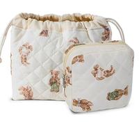 HAPPYHEIDI Cotton Quilted Drawstring Makeup Bag Set 2 Size Cosmetic Toiletry Travel Pouch w Compartment Purse Organizer,Brown Bears