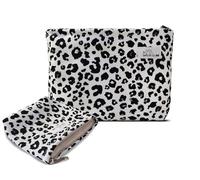 HAPPYHEIDI Leopard Print Makeup Bag Set 2 with Pocket Large Cosmetic Toiletry Travel Pouch, Small Accessory Organizer Bag, Soft Twill Velvet, Creamy White Cheetah, 2-Size, Zipper Closure