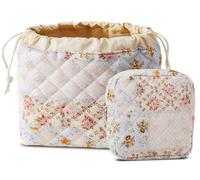 HAPPYHEIDI Makeup Bag Set 3 Cosmetic Toiletry Organizer Zipper Pouch for Purse Tote, Women Girls Gift, Large Medium Small, KJM-Quilted Cotton Pouch with Compartment Set of 2-Vintage Grid Florals