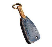 Happyit Leather Car Key Cover Case Holder Fob for Ford Fiesta Ranger C-Max S-Max Focus 3 4 Galaxy Mondeo Transit Tourneo Custom MK4 3 Buttons (Blue)
