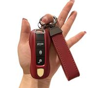 Happyit Red Leather Luxury Car Key Cover Key Cases Suitable for Porsche Cayenne Panamera 911 992 Taycan 3 Buttons (Rope)