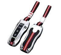 Happyit Zinc Alloy Car Key Cover Key Fob Cases Compatible with Porsche Cayenne Panamera 911 992 Taycan 3/4 Buttons (Silver+Rope+4B)