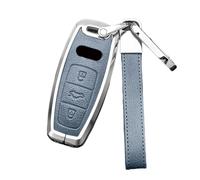 Happyit Zinc Alloy Leather Car Key Cover Cases for Audi A3 A4 B9 A6 A7 4K A8 E-tron Q5 Q8 C8 D5 SQ8 3 Buttons (Blue+Silver)