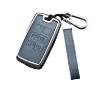 Happyit Zinc Alloy Leather Car Key Cover Cases for Discovery 4 Freelander 2 Range Rover Evoque 2016-2024 5 Button (Blue+Silver)