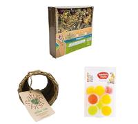 HappyPet Edible Flower Foraging Tray + Willow Tube Small Animal Toy + Tweeter’s Treats Jelly Pots Fruity Flavours 8pcs