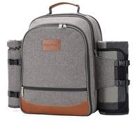 HappyPicnic Insulated Picnic Backpack for 4 Persons with Full Set of Tablewares, Roomy Cooler Compartment, Bottle Holders and Large Waterproof Picnic Rug