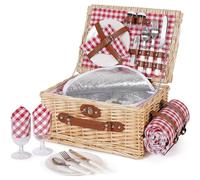 HappyPicnic Picnic Basket Set for 2 - Wicker Picnic Basket with Waterproof Blanket & Insulated Liner, Large Handmade Willow Hamper with Cutlery Kit for Outdoor, Picnic, Camping, Party, Holidays (Red)