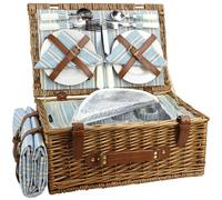 HappyPicnic Wicker Picnic Basket Set for 4 Persons - Large Willow Hamper with Large Insulated Cooler Compartment, Free Waterproof Blanket and Cutlery
