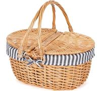 Happypicnic Wicker Picnic Basket with Handle, 15" Large Empty Picnic Basket with Lid & Removable Liner, Vintage Hand Woven Basket for Picnics, Camping, Veg Picking, Mother'S Day, Thanksgiving (Stripe)