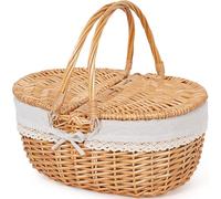 Happypicnic Wicker Picnic Basket with Handle, 15" Large Empty Picnic Basket with Lid & Removable Liner, Vintage Hand Woven Basket for Picnics, Camping, Veg Picking, Mother's Day, Thanksgiving (Solid)