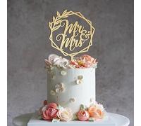 HAPPYPLYWOOD Mr and Mrs Wedding Cake Toppers Bride Groom Cake topper for Wedding Wooden Wreath Rustic Hexagon Funny Decoration Mr&Mrs Sign Gold Silver Brown (Unpainted)