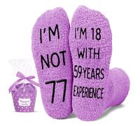 HAPPYPOP 77th Birthday Gift Ideas for Women - Socks for 77 Year Old Lady, Best Gifts for Older Women over 70, I'm Not 77 I'm 18 With 59 Years Experience Purple, 6-10
