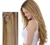 Happyqueen Clip in Human Hair Extensions 8pc 16” 6/27 Highlight | Medium Brown/Strawberry Blonde Mix, REMY Human Hair, 8-piece Set, Instantly Apply and Remove, Suitable for Social Events.