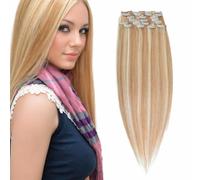 Happyqueen Clip in Human Hair Extensions 8pc 18” 24/27 Highlight | Light Blonde/Strawberry Blonde Mix, REMY Human Hair, 8-piece Set, Instantly Apply and Remove, Suitable for Social Events.