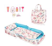 HappyVk - Baby Doll Bed Set- Portable Bassinet for Dolls up to 53 cm - Handbag for Girl - Includes Blanket, Pillow, and 7 Doll Accessories - Pink Roses