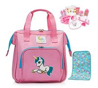 HappyVk- Pink Baby Doll Diaper Bag with Doll Changing Pad and Doll Accessories Set - Handbag for girls - Unicorn Embroidery